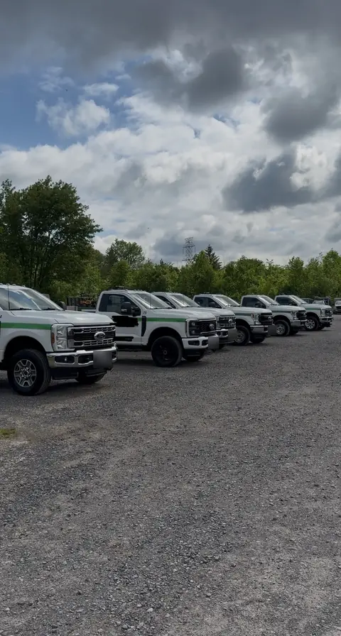 Row of white Ford Super Duty work trucks after a fleet detail
