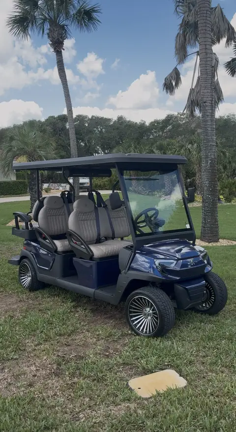 Blue six-seat golf cart on grass after a detail